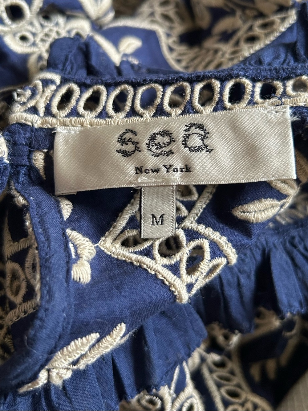 Rare Sea New York Navy Blue Cream Crochet Eyelet Lace Zippy Short Sleeve Top M - Picture 12 of 15